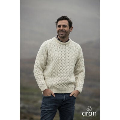 100% Natural Wool Crew Neck Traditional Aran Sweater, White Colour